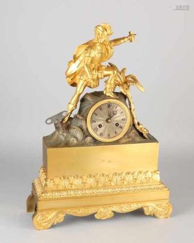 French fire-gilt bronze Charles Dix pendulum. Circa 1840. Spaniard at palm tree. Eight-day movement,