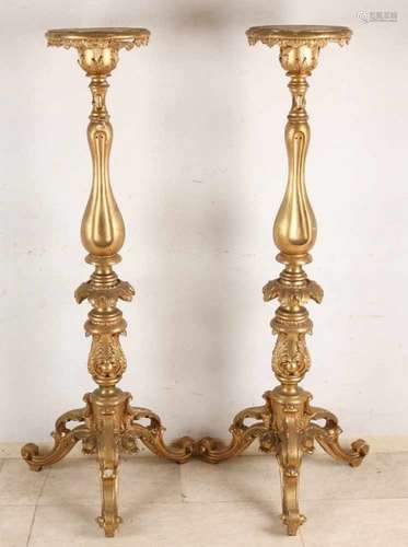 Two rare large 19th century gold leaf plated wooden piedestals. Venice or France. A few minor