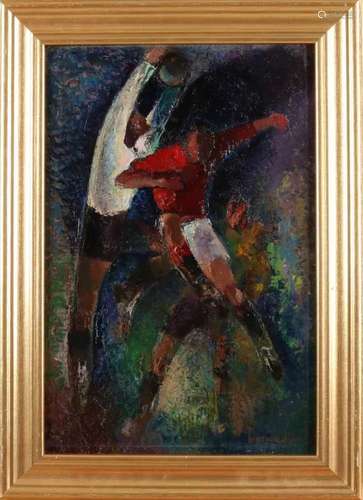 Krijn van Dijke. 1910 - 1980. Soccer players. Oil paint on panel. Size: 26 x 40 cm. In good