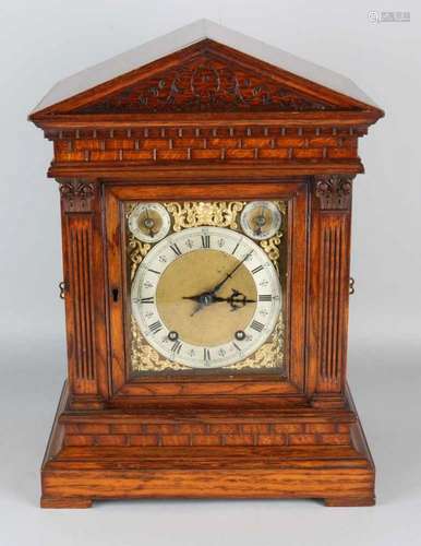 Antique German oak Winterhalder Hofmeier table clock with quarter-turn. Circa 1900. Architectural