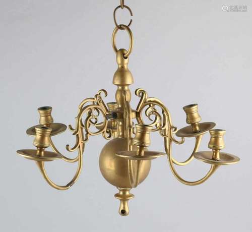 18th Century Dutch bronze baroque candle chandelier. Six-light, one arm repaired. Size: 40 x 45 cm