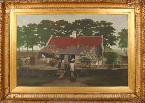 Unsigned. Circa 1880. Zeeland farm with farmer's wife, laundry, children and dog. Oil paint on