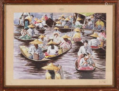 Unsigned. Oriental figures in boats. Watercolor on paper. Size: 28 x 37 cm. In good condition. Nicht