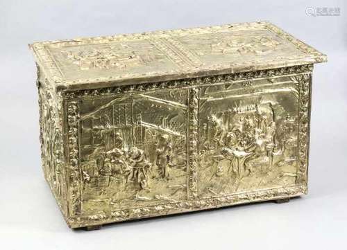 Antique brass studded wooden peat box with figures representations. First half of 20th century.