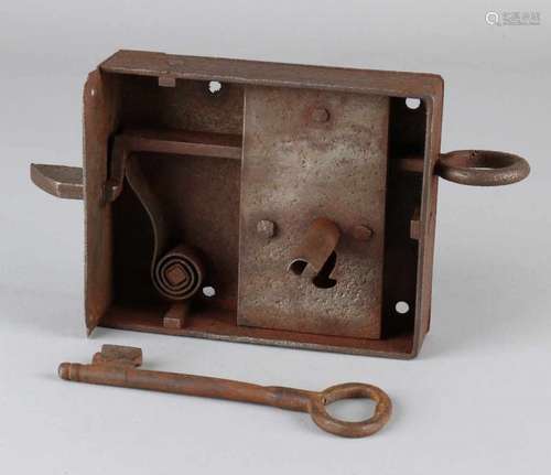 Antique 18th - 19th century German cabinet door lock with key. Size: 12 x 13 x 3.5 cm. In good