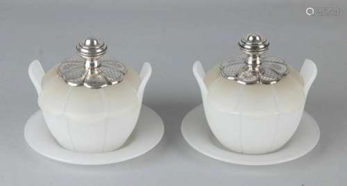 Two special milk glass butter jars on round dish with lid with silver button and neck, 835/000, with