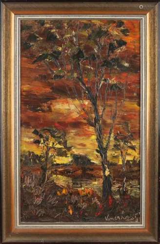 Jan van der Leest. 1907 - 1971 Hengelo. Landscape at evening. Oil paint on linen. Size: 50 x 30