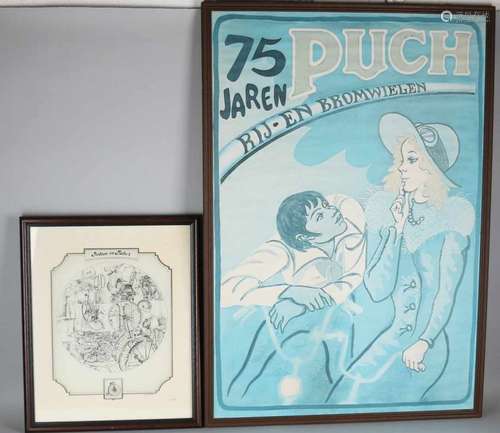 Old paper poster Puch + lithograph Bicycles and Moto's. Second half of the 20th century. Size: