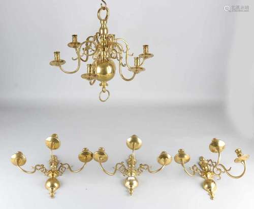 Four times Baroque brass candlesticks. First half of 20th century. One chandelier, three times