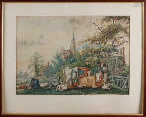 Unsigned. 18th - 19th Century. Shepherd with cattle. Watercolor on paper. Size: 35 x 48 cm. In