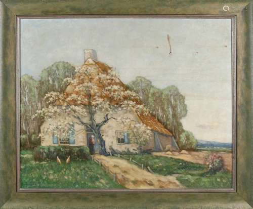 H. van Lerven? Circa 1930. Spring Schaik, farm, fruit tree, farmer's wife and chickens. Oil paint on