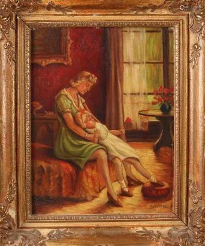 Huub of the Lee. Circa 1930. Mother with child in interior. Oil paint on linen. Size: 30 x 40 cm. In