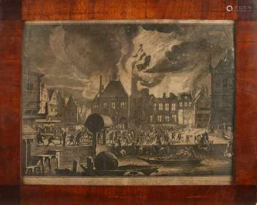 17th - 18th Century engraving. Brand city hall Amsterdam 1652. With antique frame. Size: 46 x 37 cm.