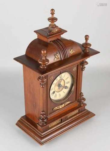 Antique walnut German table clock with gong strike. Circa 1900. Light, old worm case. Size: 44 cm.