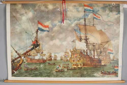 Six old Dutch colorful school plates. Lithographs on paper. Size: 105 x 70 cm. In reasonable /