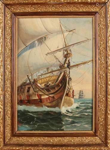 Monogram HM Circa 1920. 17th Century military ship. Oil paint on linen. Size: 30 x 40 cm. In good