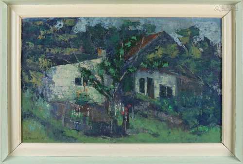 Gerard Mensink. '56. Hattem. Farm house. Oil paint on panel. Size: 65 x 42 cm. In good condition.