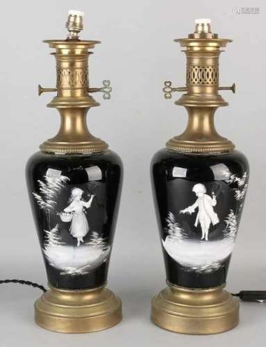 Two antique English porcelain lamp bases with brass and enamel paint. Circa 1900. Later electrified.