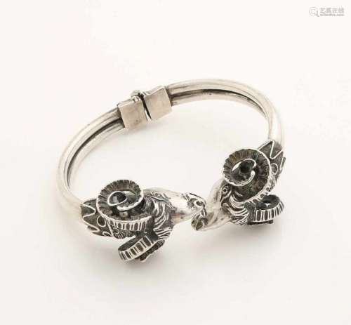 Silver bracelet, 800/000, with ram heads, bracelet with a hinge in the middle, with ram heads on the