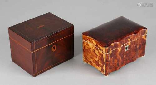 Two antique box lids (tea). One time tortoise covered box with two compartments and turtle lids.