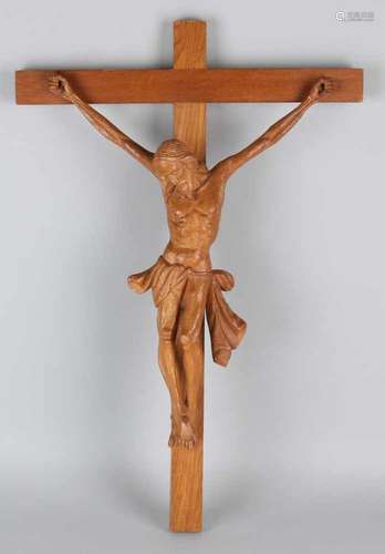 Old oak wooden Holy cross with carved signed Corpus Christi. By Antheunis. Size: 60 cm. In good