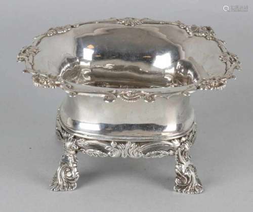 Antique silver sugar bowl, 833/000, square model with turned rim with soldered type of palm trim and