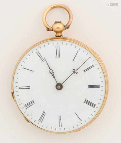 Gold pocket watch, 750/000, with back cover with floral decoration and shield with cartouche. With