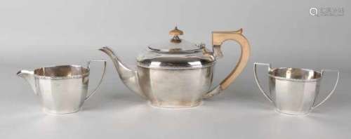 Silver tea set, 925/000, 3 pieces, Art Deco.  Square model with tea jug, milk jug and sugar bowl