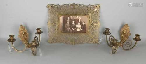 Three times antique copper work. Circa 1900. Consisting of: Two three-light wall sconces + one photo