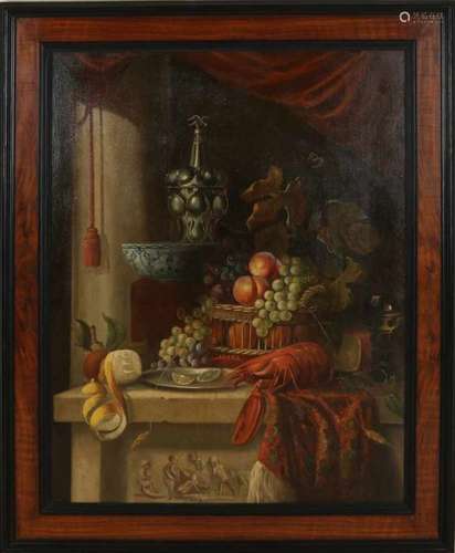 Unsigned. Circa 1800. Still life with fruit, porcelain, tin, glass and lobster. Professionally