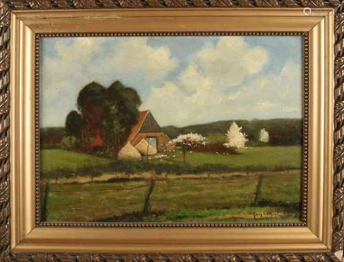 Gerard Krol. 1882 - 1950. Twente landscape with farm, fruit trees and chickens. Oil paint on