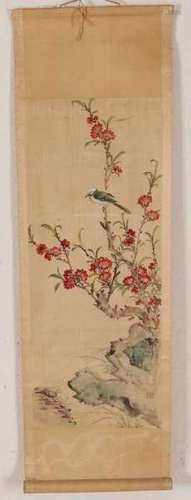 Antique Chinese signed handpainted scroll painting with bird and blossom tree. Watercolor on silk.