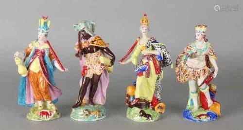 Four German hand-painted 'Sitzendorf' porcelain figures. 'Hand-malted A.H'. 'Africa, Europe,