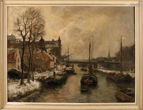 Evert Moll. 1878-1965. Wintry harbor view with many boats. Recently professionally cleaned. Oil