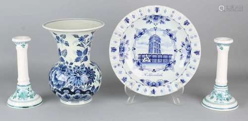 Four times old Delft blue Fayence. 20th century. Consisting of: Two candlestick Porceleyne Fles /