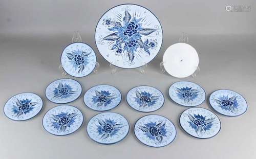 Rare Dutch Delft glassware. Thirteen-piece pastry set. Monogram WK. Size: 15 - 25 cm. In good