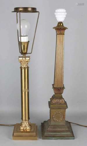 Two old brass lamp feet. Greek columns. Second half of the 20th century. Size: 62 - 63 cm. In good