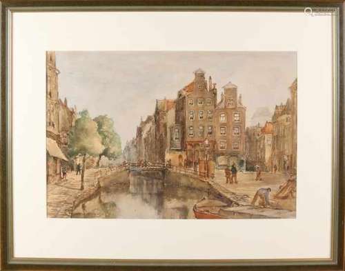 Herman Cornelis Adolf Paradies. 1883-1966. Cityscape with canal Haagse Veer in Rotterdam with many