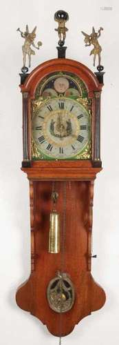 Beautiful Dutch oak Frisian tail clock with moon stand, quarter-hour movement, alarm clock and