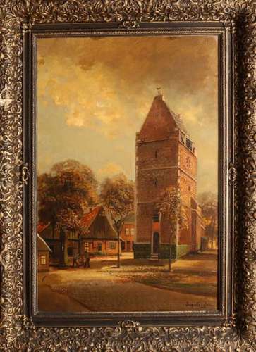 Jaap van Kregten. 1878-1967. Martinustoren in Losser. Oil paint on linen. Size: 50 x 70 cm. In