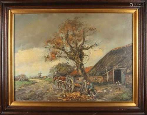 HC Kranenburg. 1917 - 1987. Dutch landscape with working farmer at horse cart. Oil paint on linen.