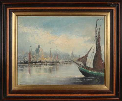 Unclear. 20th century. Dutch harbor view. Oil paint on linen. Size: 50 x 60 cm. In good condition.