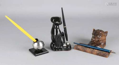 Three old / antique ink sets. Consisting of: Silver with marble base, terracotta dog with black