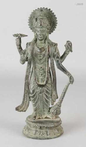 Old / antique Oriental four-armed bronze Buddhist figure. Green patina. Size: H 23.5 cm. In good