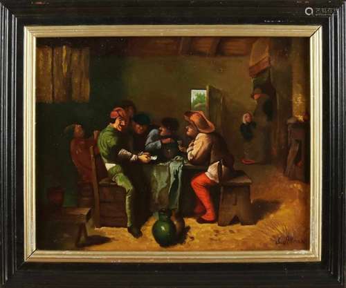 S. Altman. 20th century. 17th Century tavern with figures. Oil paint on linen. Size: 30 x 40 cm.