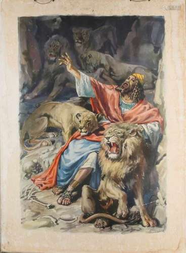 Antiquarian school plate. Daniel with lions. Publication J. Brandt & Son. Lith. J. Pander. Size: