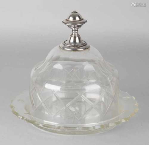 Crystal cheese bell with silver button, 835/000, Cheese dome with saucer with brace-shaped cut and