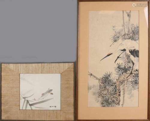 Two old Chinese watercolors. One time fish with reed, signed. One time crane on branch. Watercolor