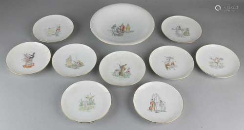 Bing and Gröhndahl porcelain pastry set. Bowl + nine plates, with decor Hans Christian Andersen.