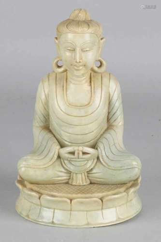 Beautiful antique Chinese natural stone buddha on lotus flower. Nice quality. Size: 15.4 cm. In good